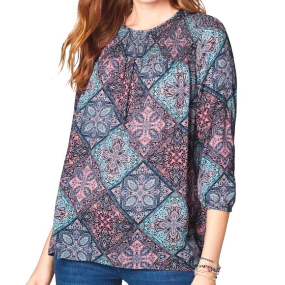J. Jill Blue & Pink Rayon Smocked Geometric Medallion Peasant Top Blouse XL - Picture 1 of 6